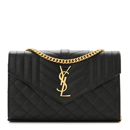 Saint Laurent Grain De Poudre Mixed Matelasse Triquilt Monogram Chain Wallet Black 1 of 10