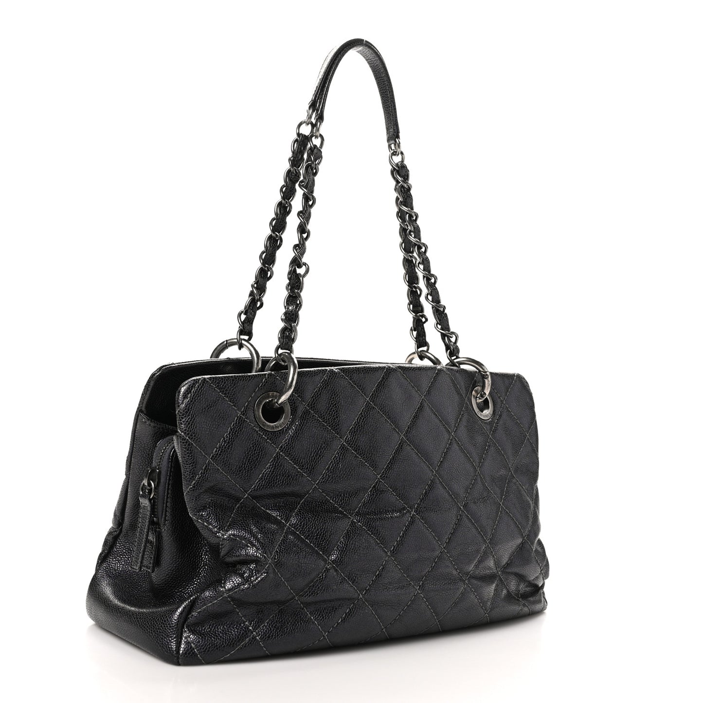 Iridescent Caviar Quilted Chic Shopping Tote Silver