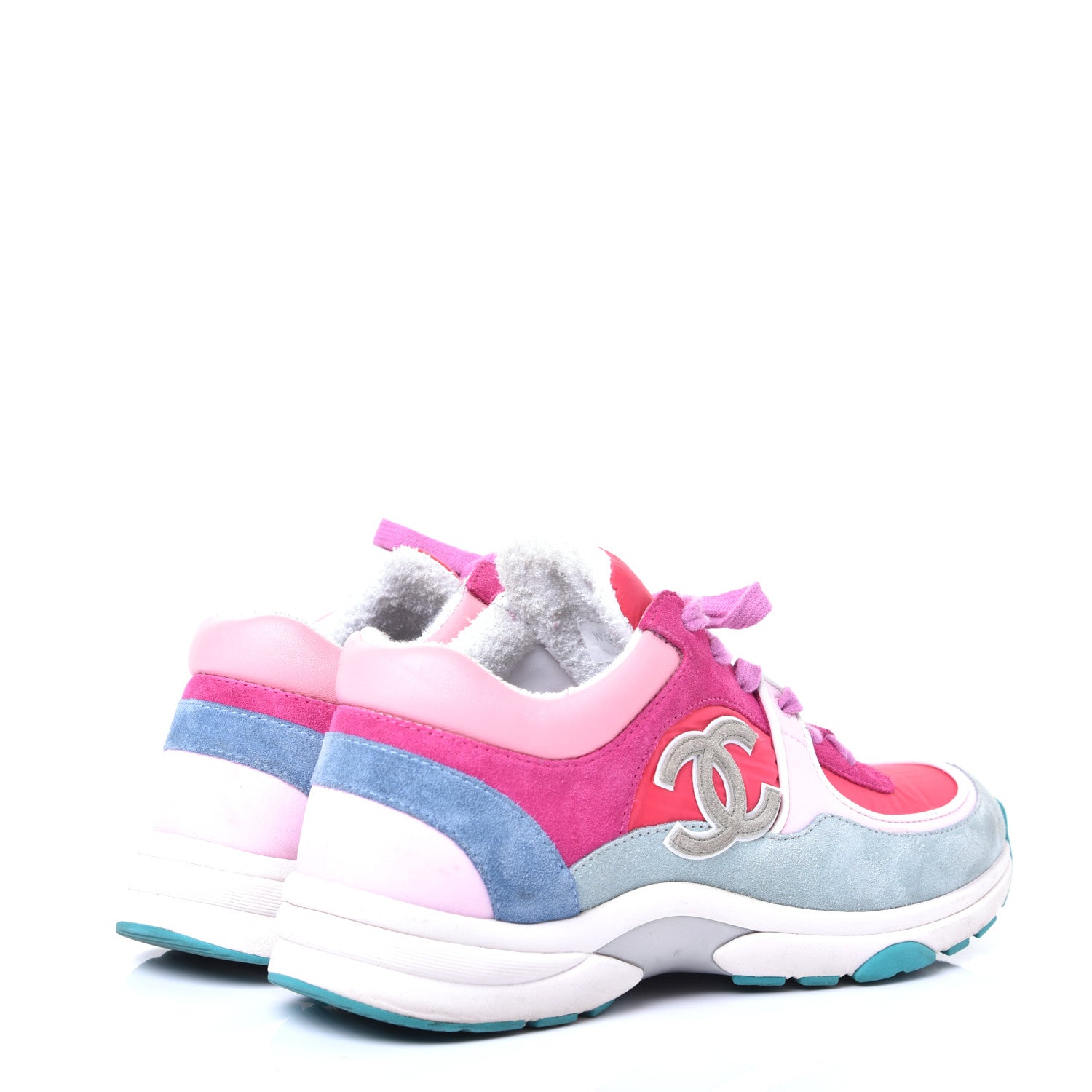 Chanel Nylon Lambskin Suede Calfskin CC Sneakers 38.5 Fuchsia Pink 4 of 9