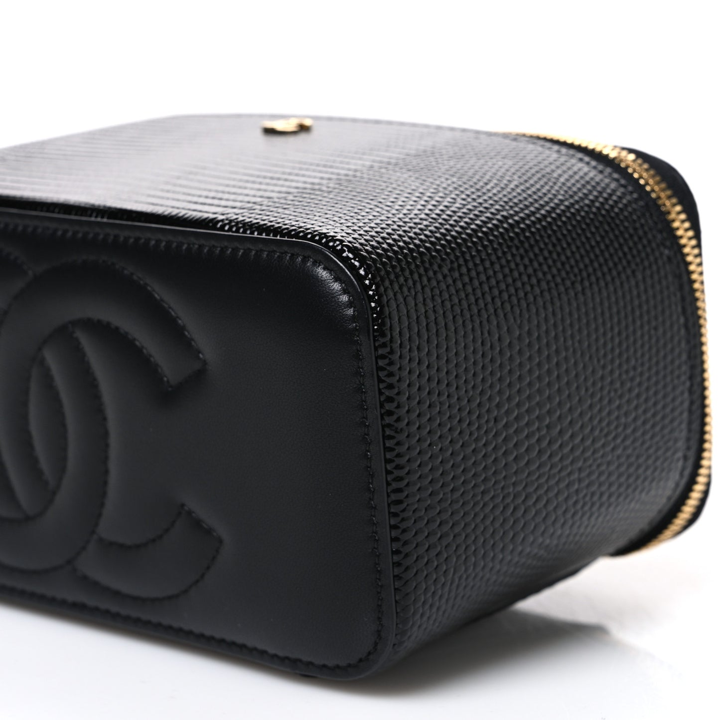 Calfskin Lizard Embossed Top Handle Vanity With Chain Black