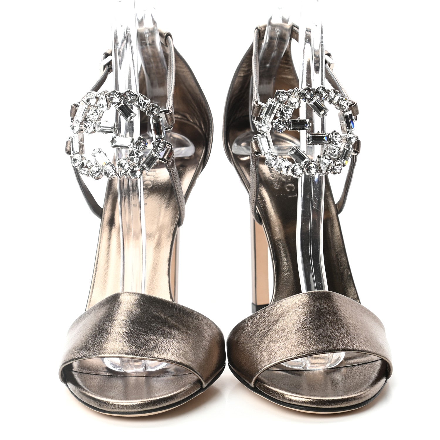 Gucci Metallic Nappa Crystal Interlocking G Ankle Strap Sandals 35.5 Copper 2 of 7