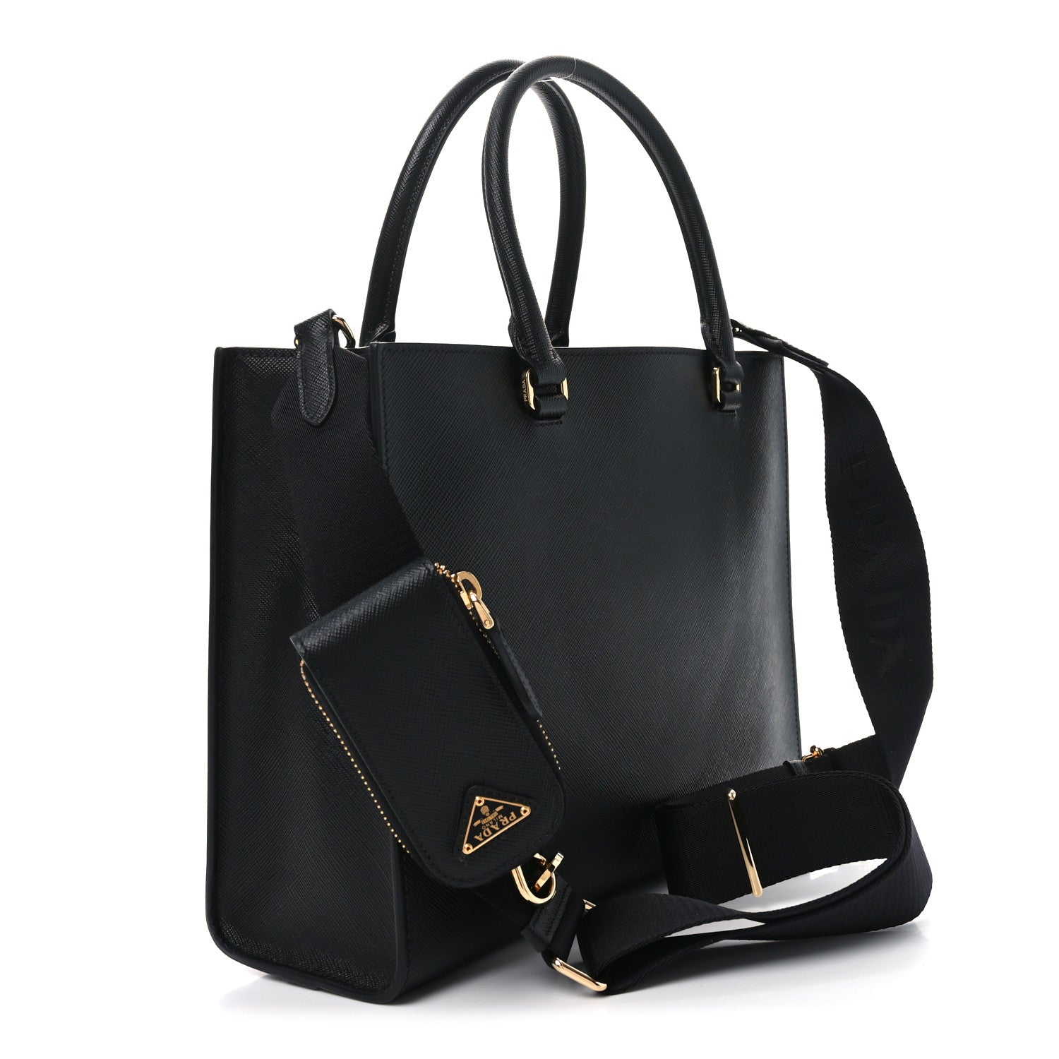 Prada Saffiano Lux Logo Embossed Medium Shoulder Tote Handbag Black 3 of 9