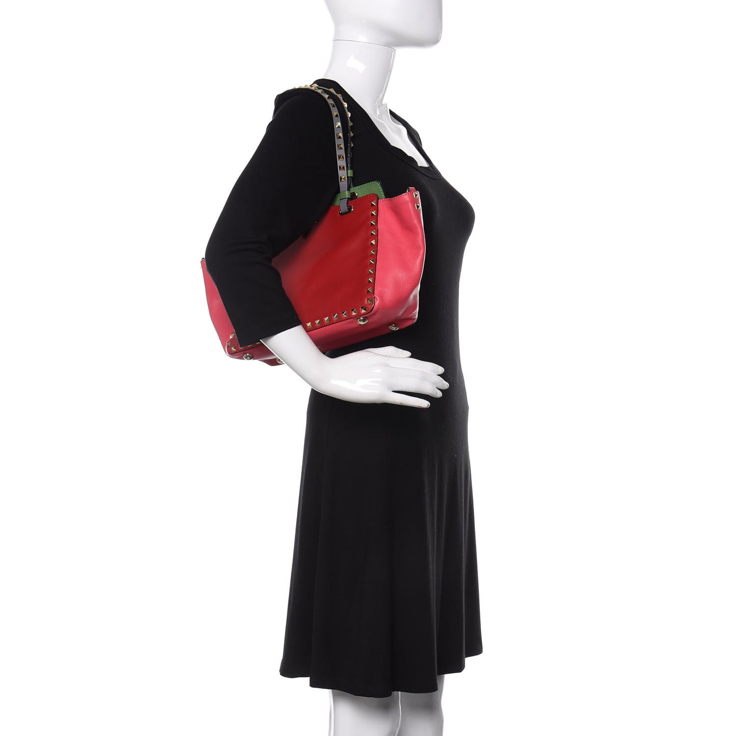 Vitello Colorblock Small Rockstud Tote Deep Rose Clover Grey Scarlet