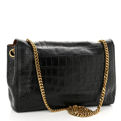 Saint Laurent Calfskin Crocodile Embossed Suede Medium Reversible Monogram Kate Satchel Military Taupe 3 of 13