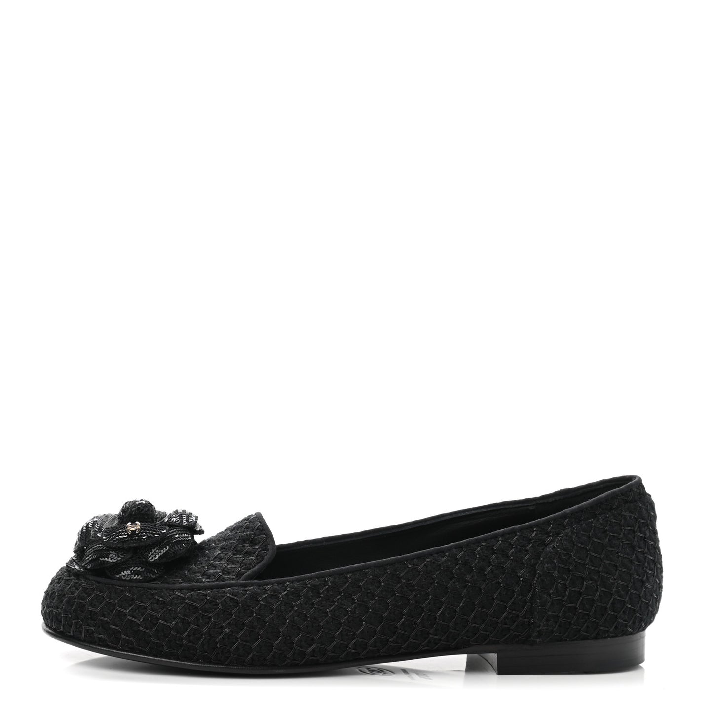 Tweed Sequin Camellia Mocassin Loafers 36.5 Black