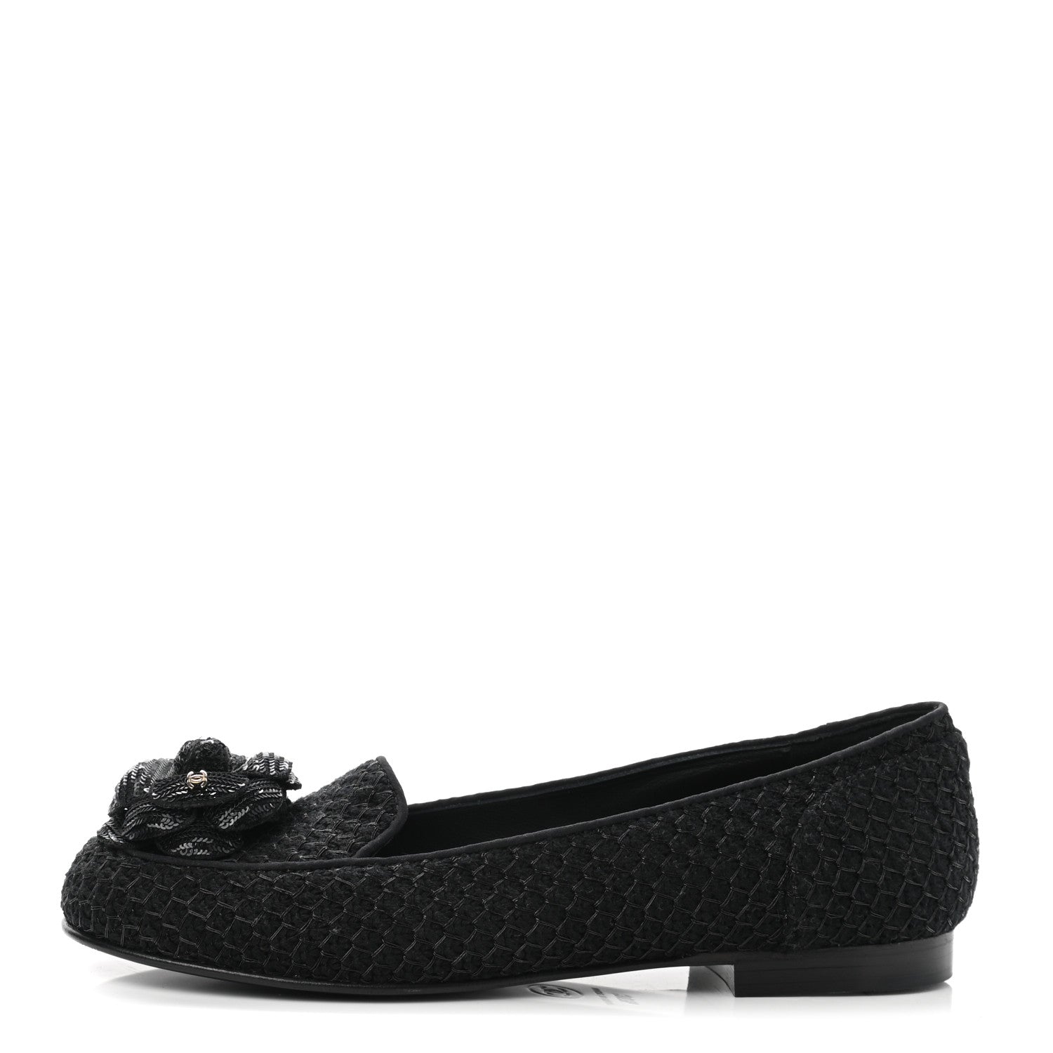 Chanel Tweed Sequin Camellia Mocassin Loafers 36.5 Black 1 of 8
