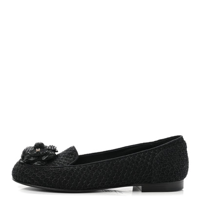 Chanel Tweed Sequin Camellia Mocassin Loafers 36.5 Black 1 of 8