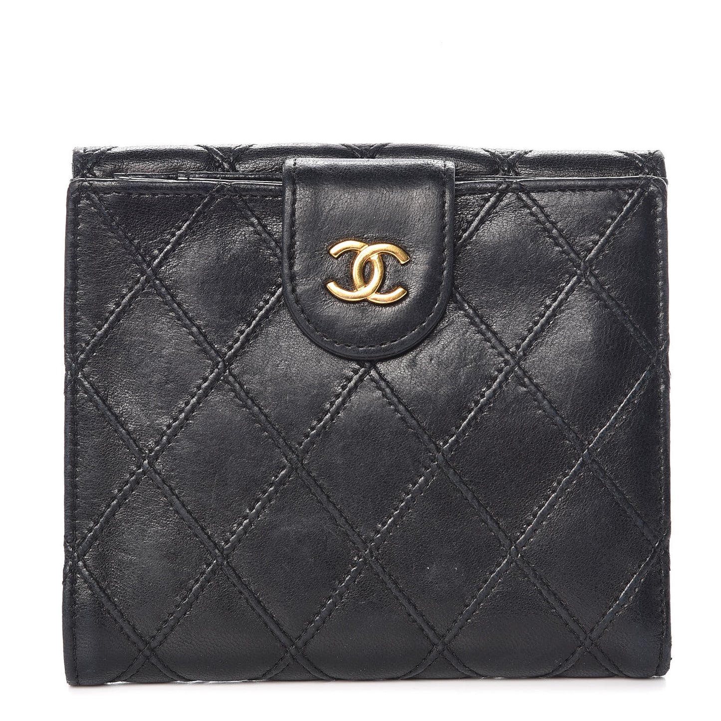 Lambskin Stitched Compact French Wallet Black