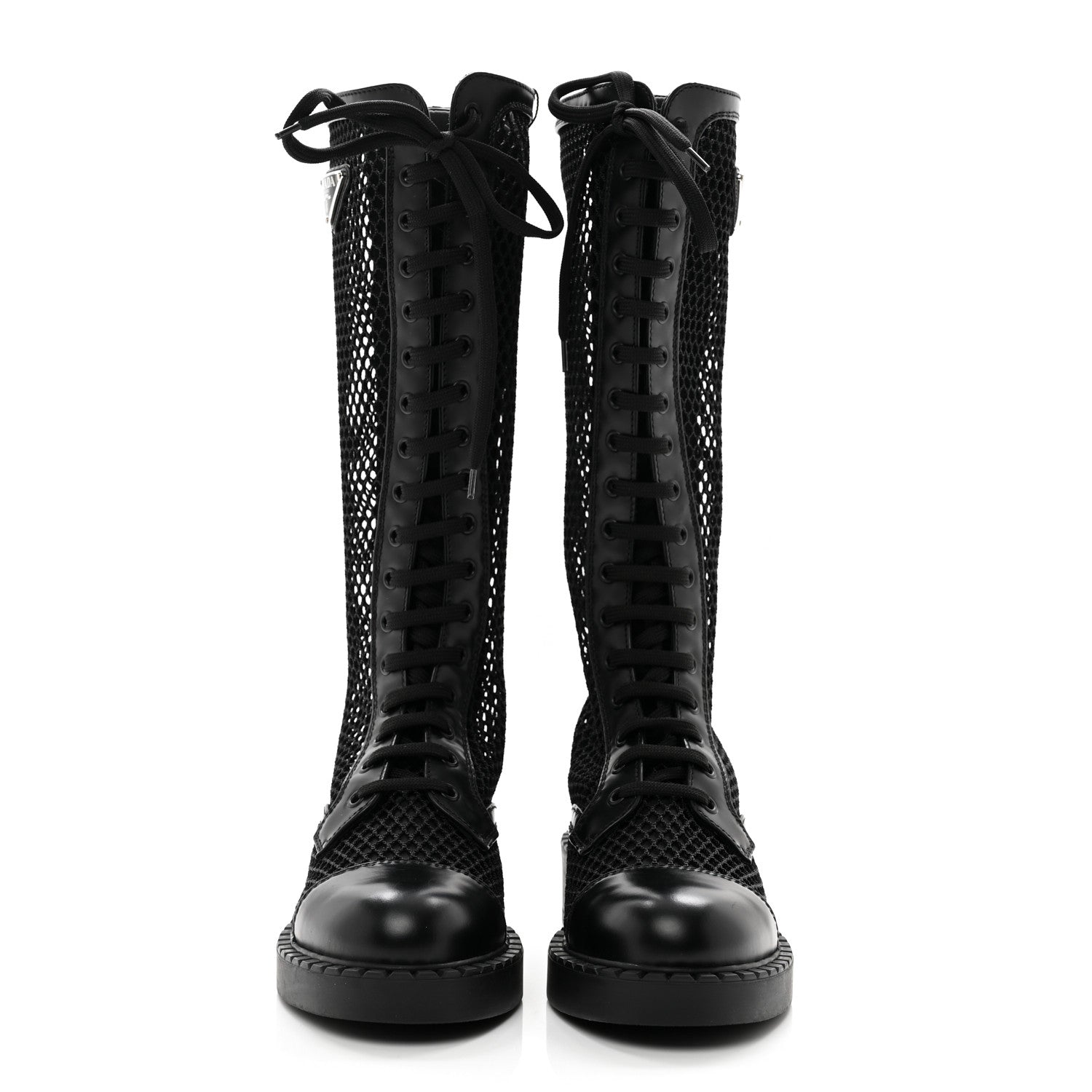Prada Rete Spazzolato Rois Metal Triangle Logo Womens Knee High 50mm Boots 35.5 Black 2 of 8