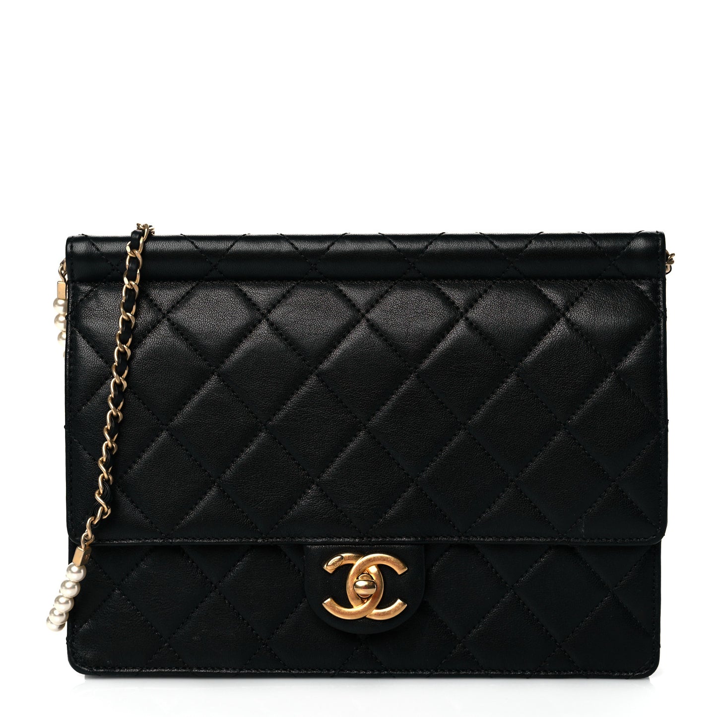 Goatskin Quilted Pearl Chain Flap Bag Black