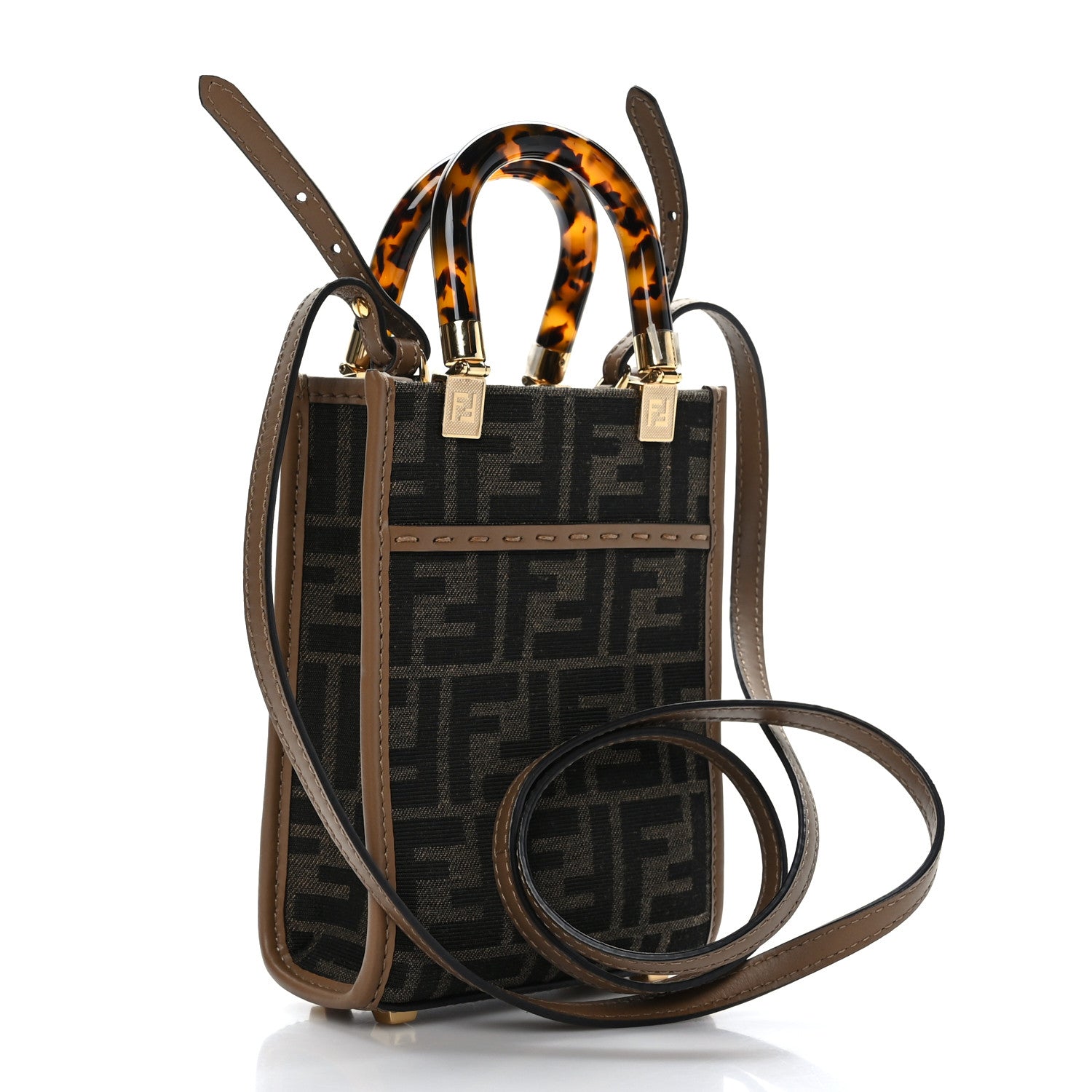 Fendi Fabric Jacquard Vitello King Plexiglass FF 1974 Mini Fendi Sunshine Shopper Tote Tobacco Moro Sand 5 of 9