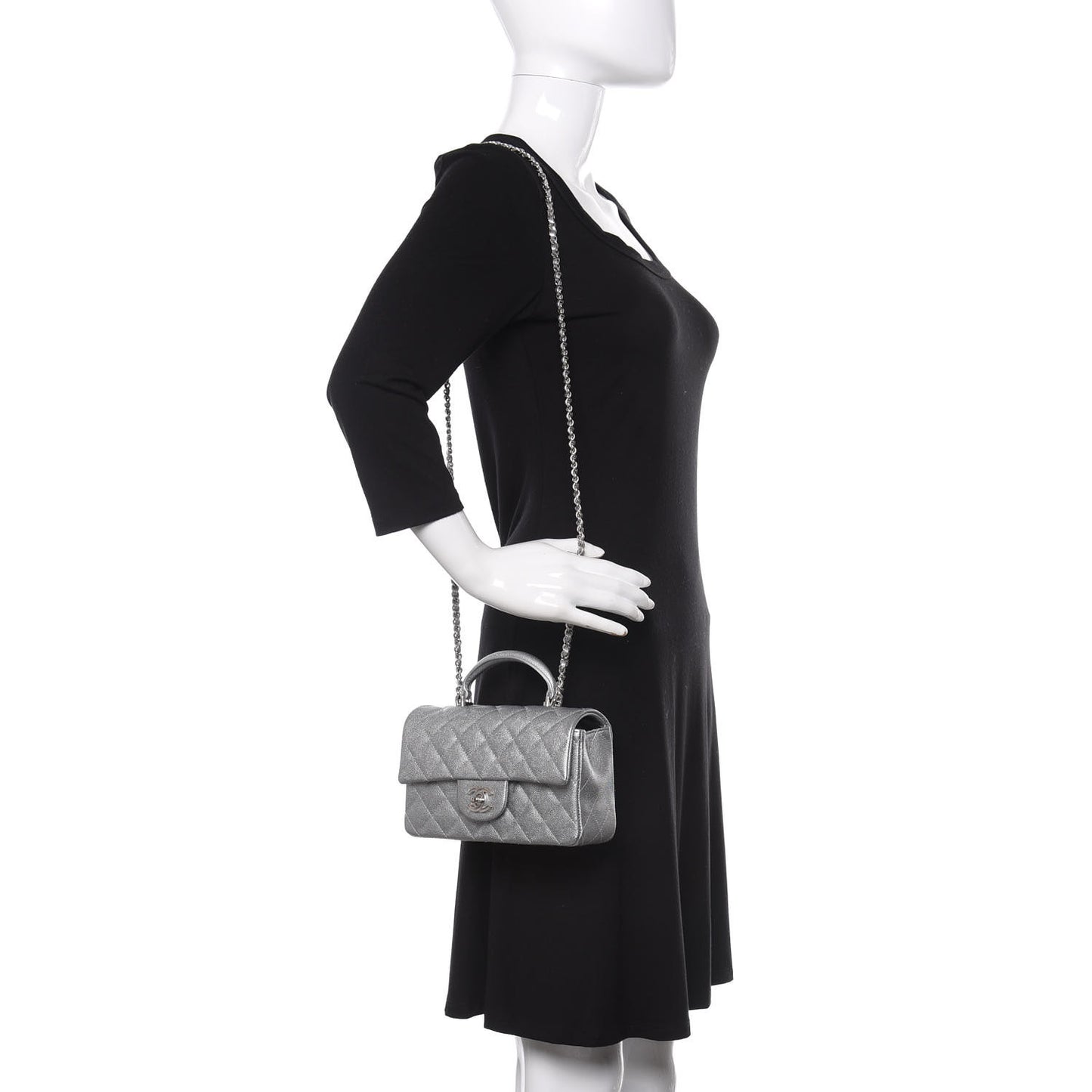 Metallic Caviar Quilted Mini Top Handle Rectangular Flap Silver