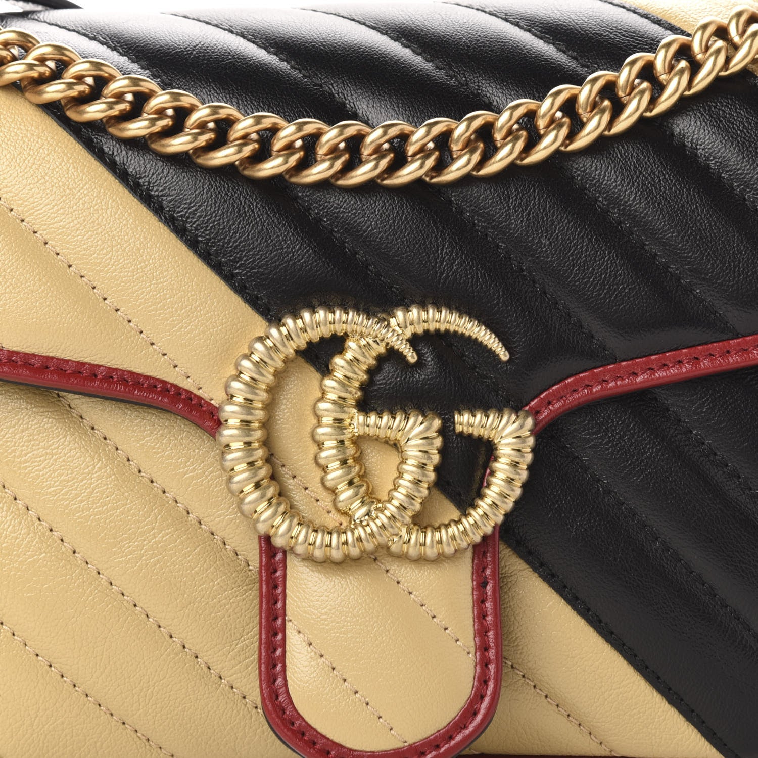 Gucci Vintage Effect Calfskin Matelasse Diagonal Striped Small Torchon GG Marmont Shoulder Bag Black Beige 16 of 16
