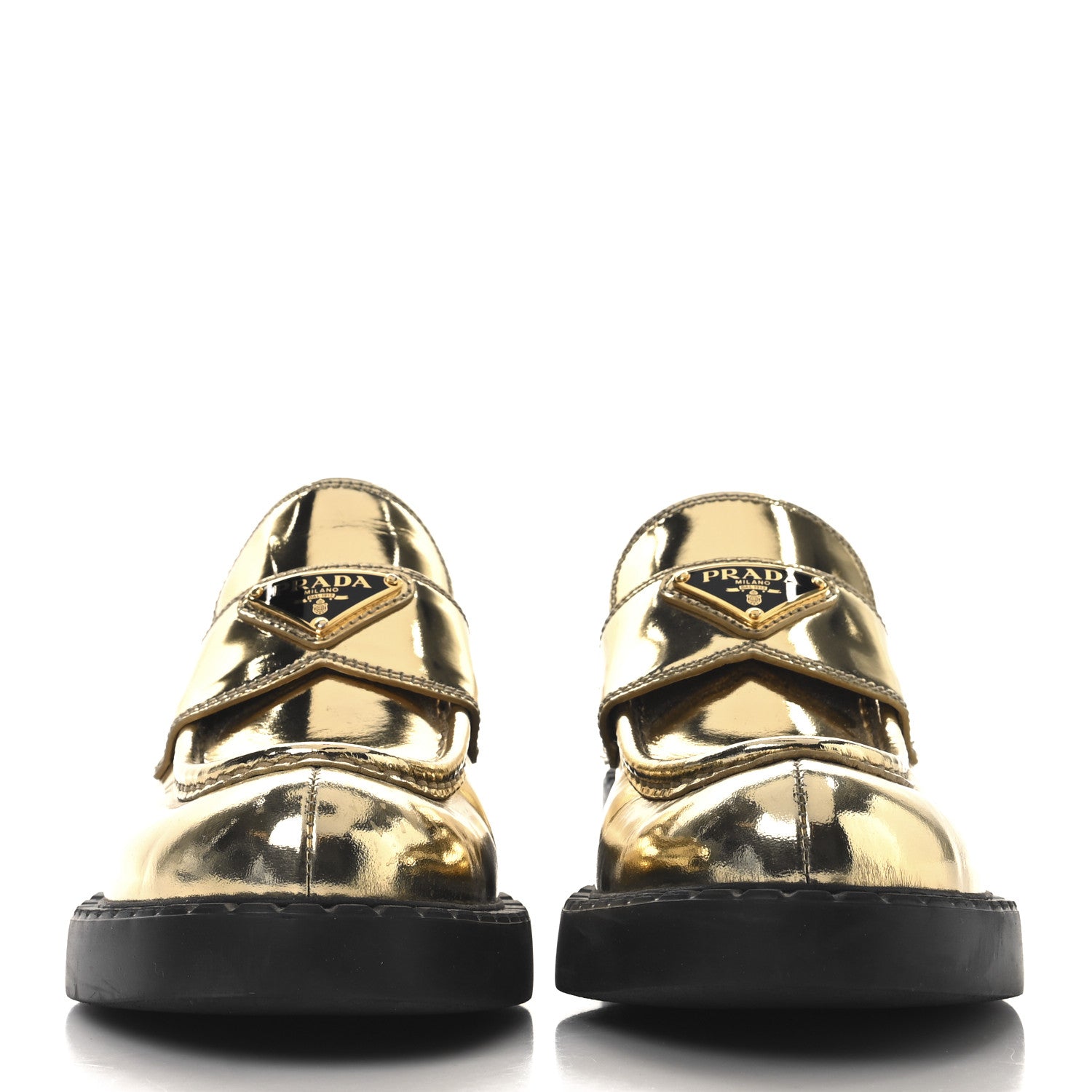 Prada Metallic Brushed Calfskin Metal Triangle Logo 50mm Loafers 37.5 Platino 3 of 10