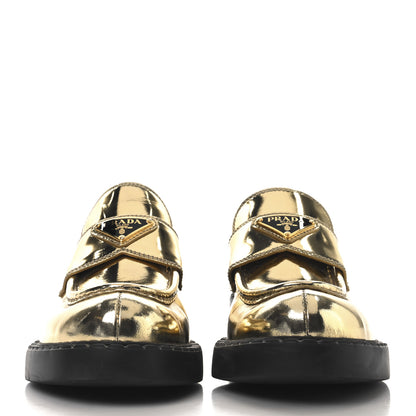 Prada Metallic Brushed Calfskin Metal Triangle Logo 50mm Loafers 37.5 Platino 3 of 10