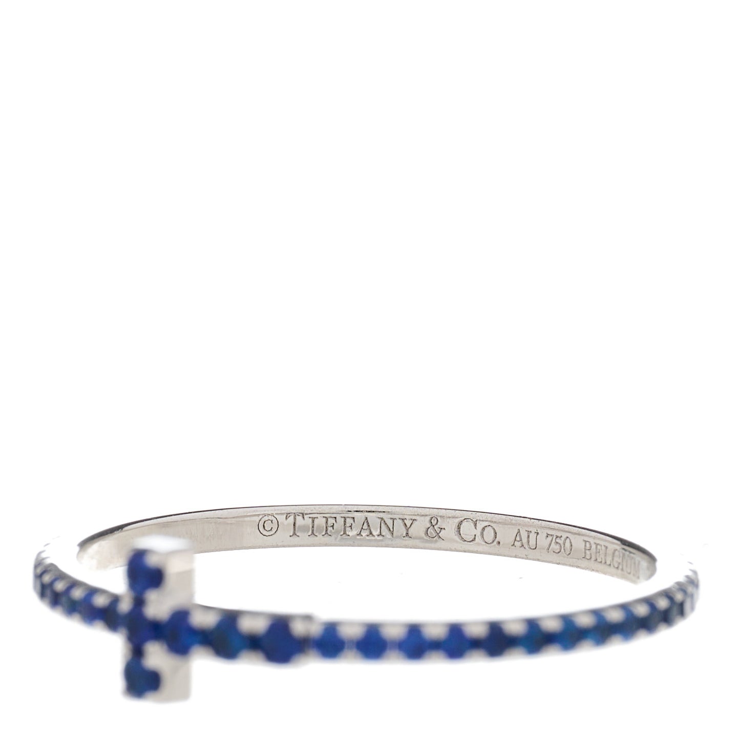 18K White Gold Blue Sapphire T Wire Pave Ring 53 6.5