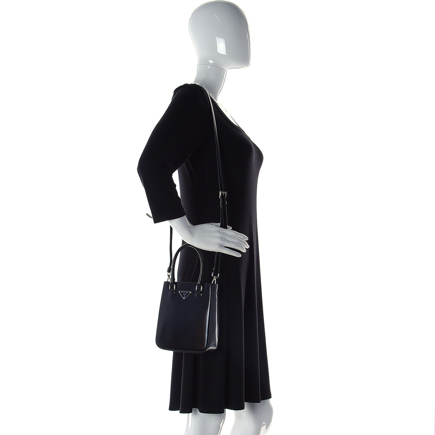 Prada Spazzolato Triangle Small Double Handle Crossbody Tote Black 3 of 14
