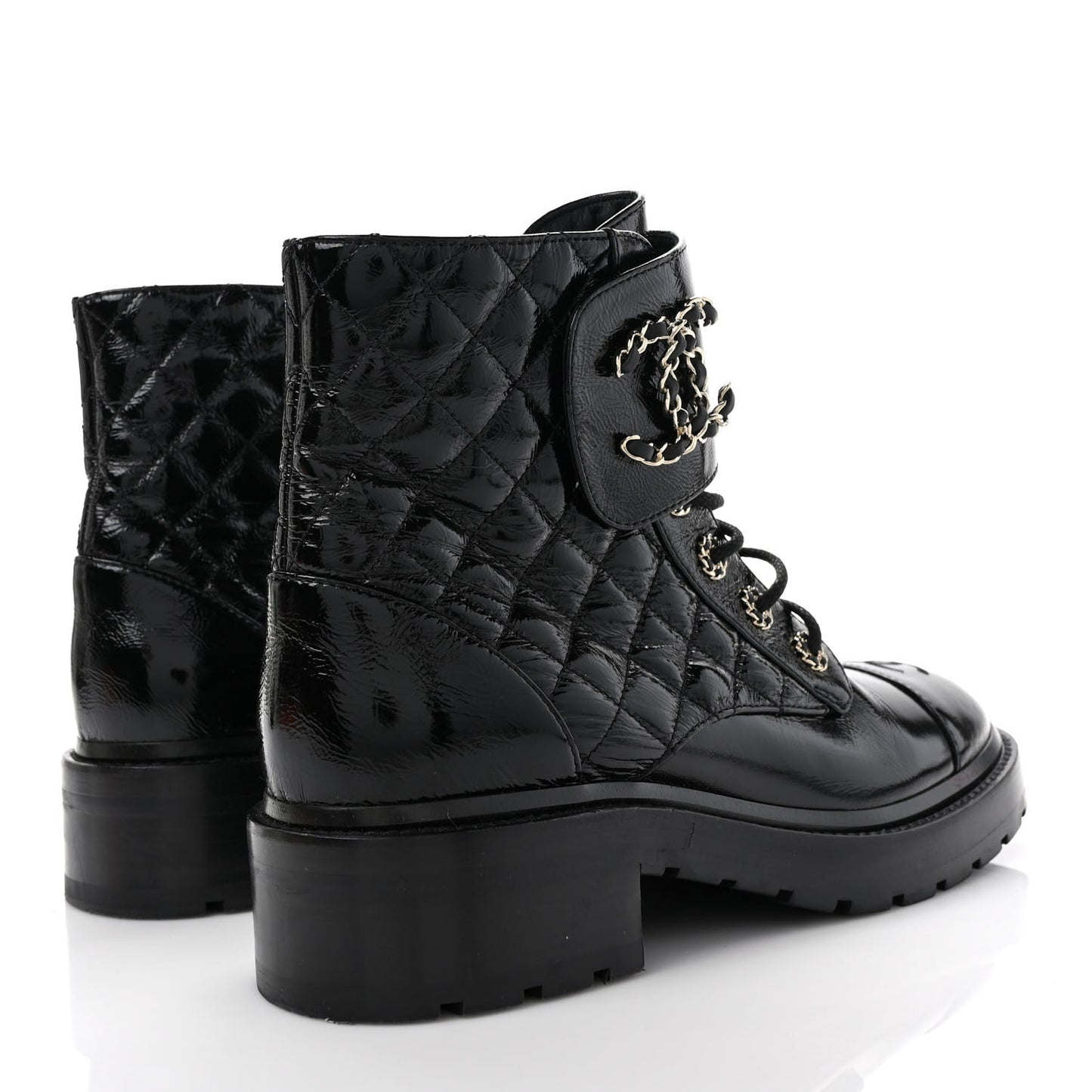Shiny Calfskin Quilted Lace Up Combat Boots 39.5 Black