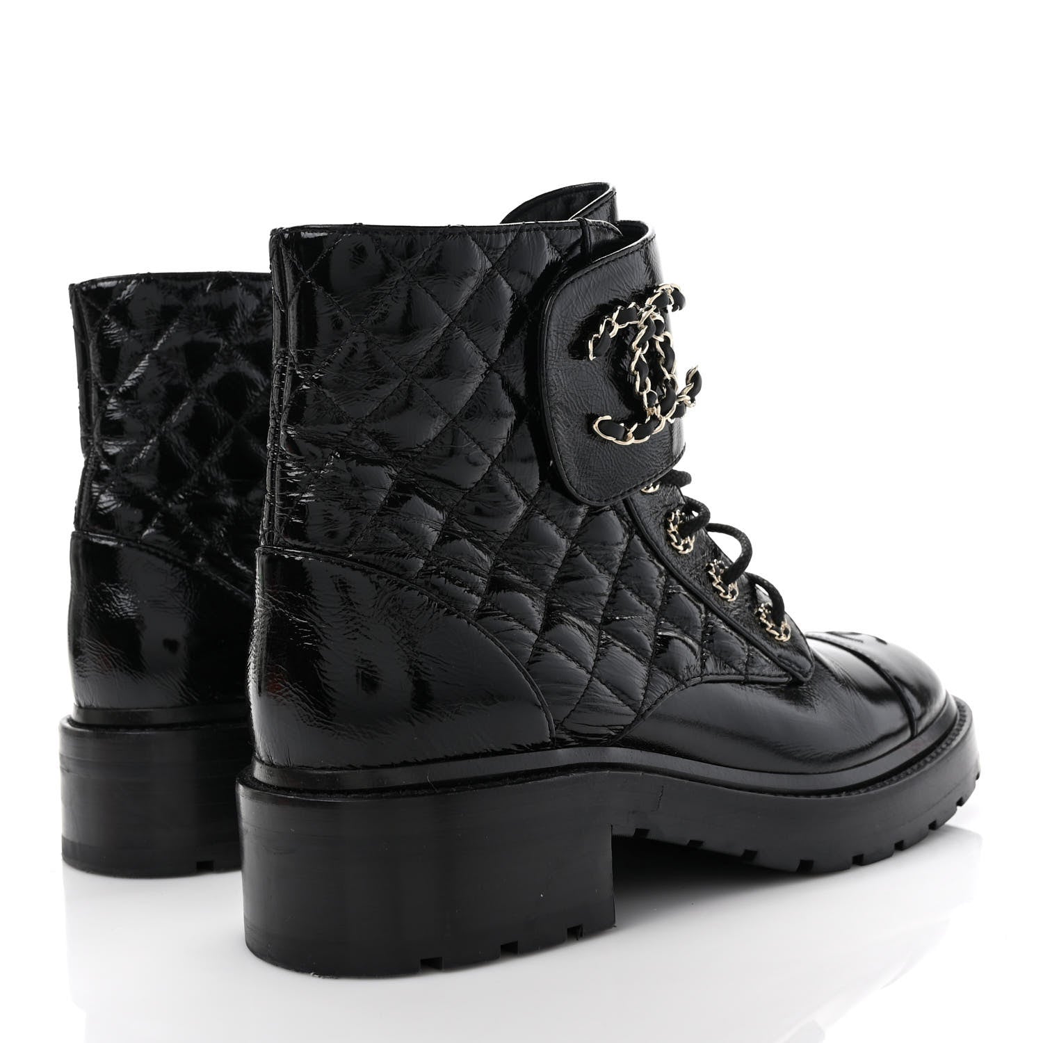 Chanel Shiny Calfskin Quilted Lace Up Combat Boots 39.5 Black 4 of 9