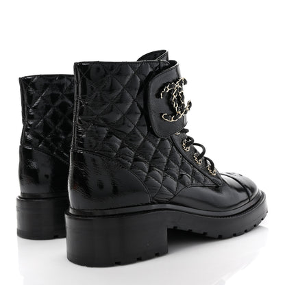 Chanel Shiny Calfskin Quilted Lace Up Combat Boots 39.5 Black 4 of 9