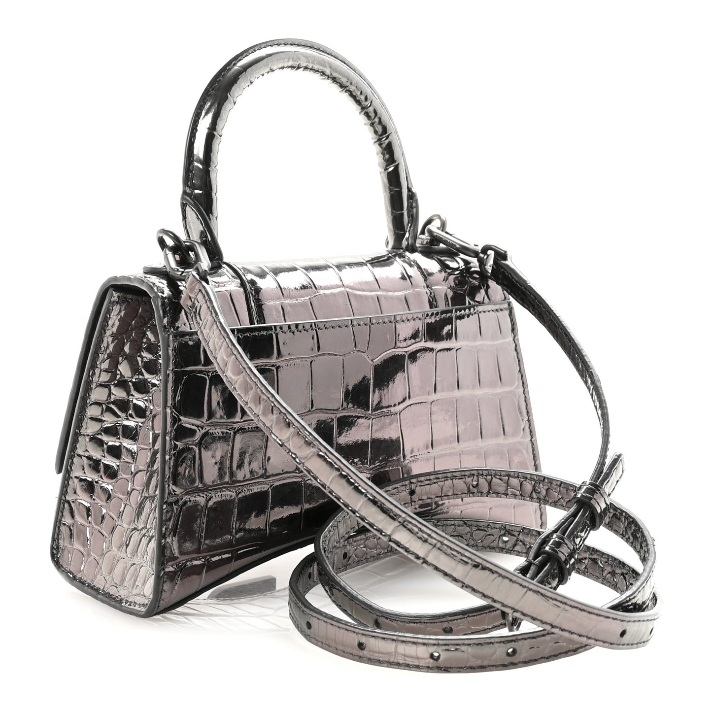 Metallic Shiny Calfskin Crocodile Embossed Hourglass Top Handle Bag XS Gunmetal