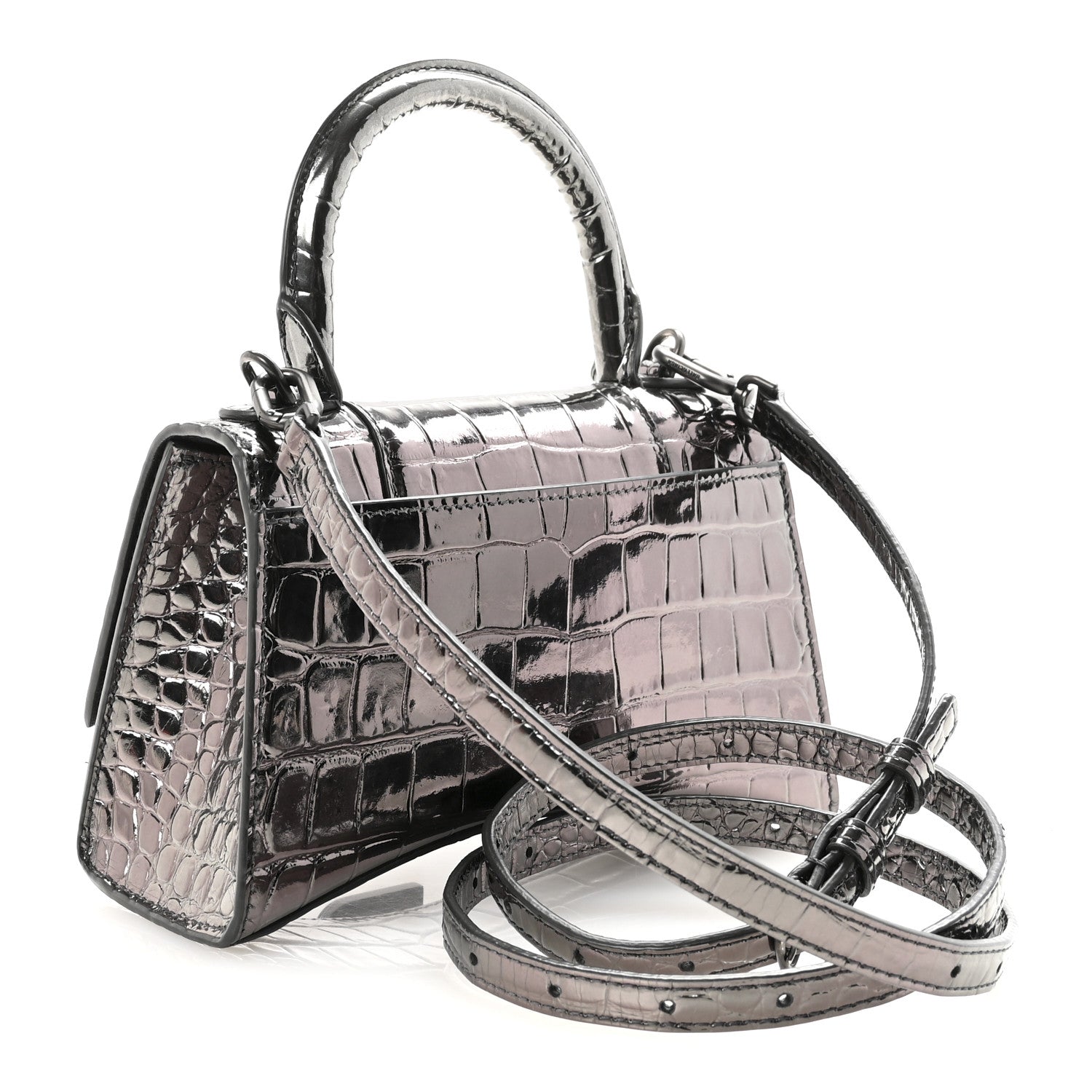 Balenciaga Metallic Shiny Calfskin Crocodile Embossed Hourglass Top Handle Bag XS Gunmetal 3 of 9