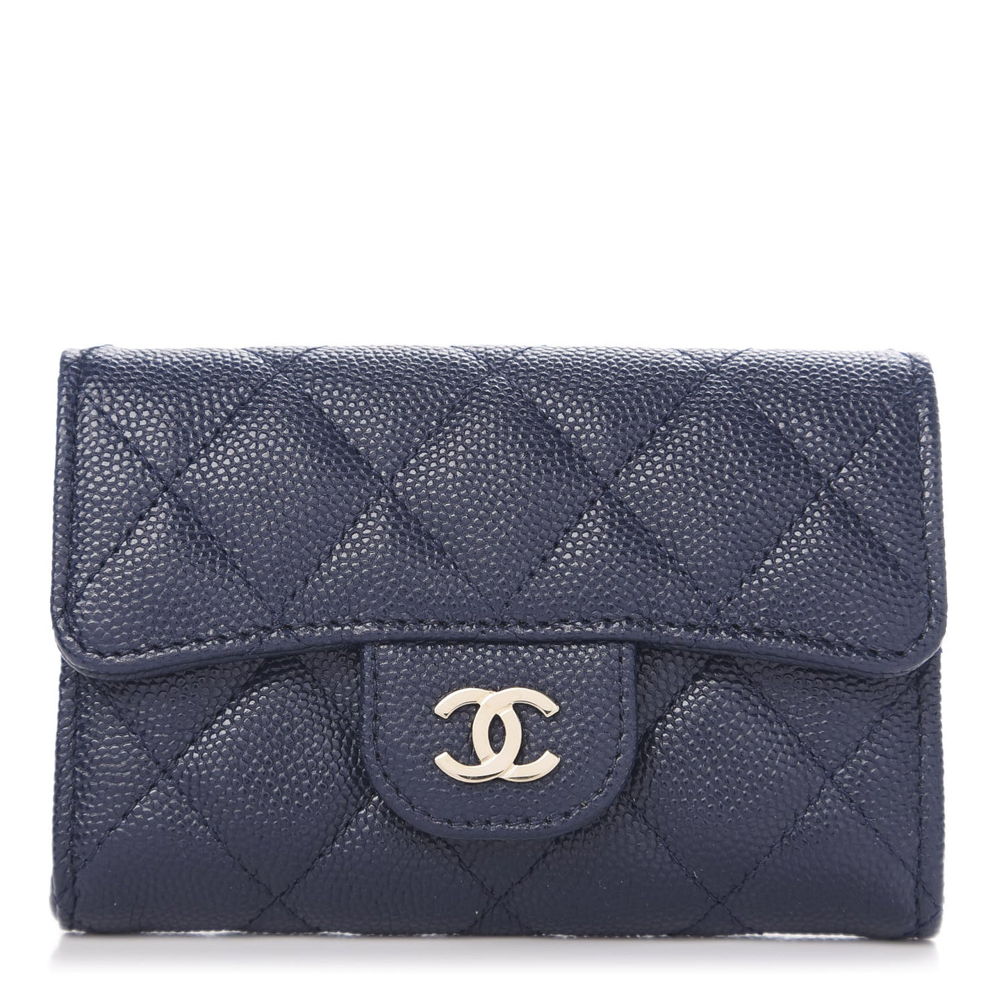 Caviar Quilted Flap Card Holder Wallet Navy Blue