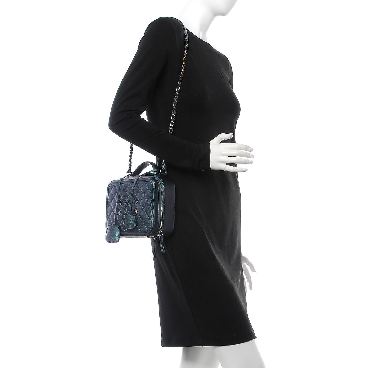 Iridescent Caviar Quilted Medium CC Filigree Vanity Case Dark Turquoise