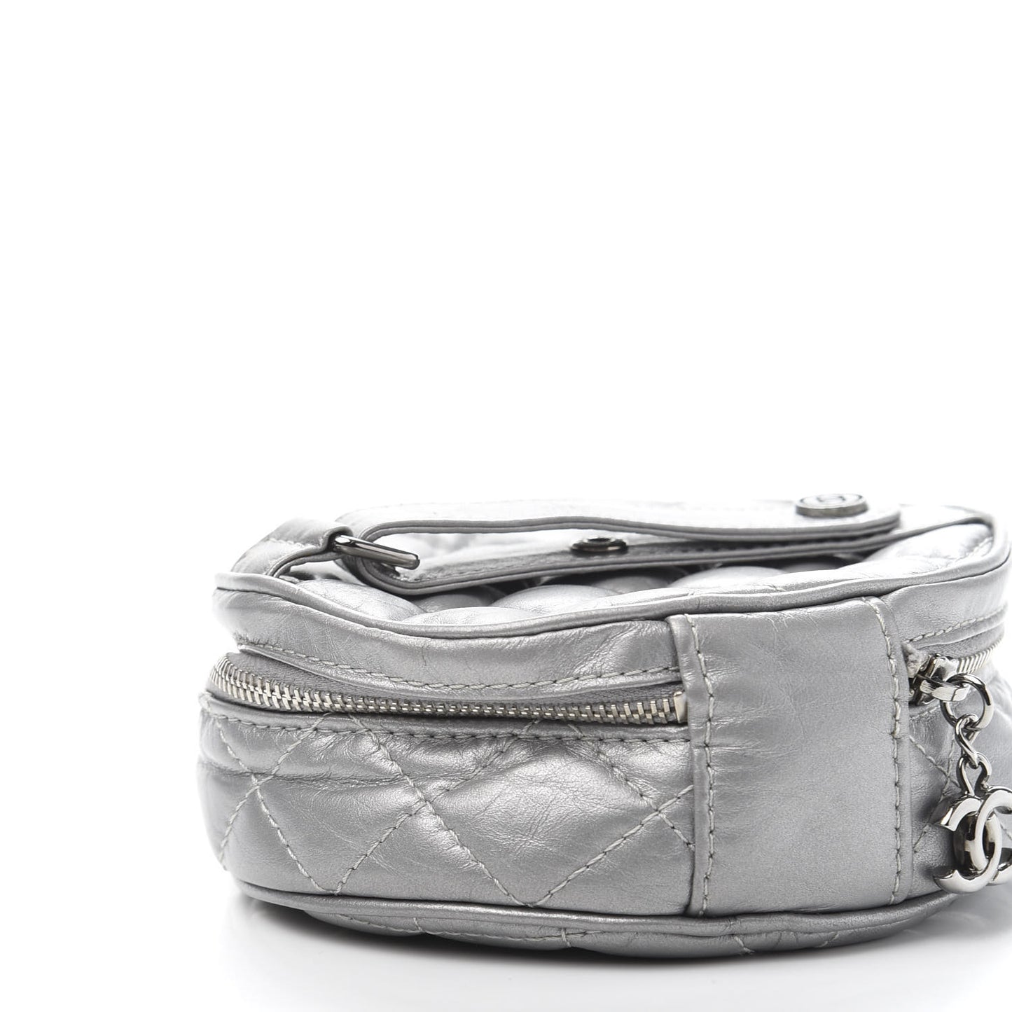 Metallic Aged Calfskin Quilted Round Bag Silver