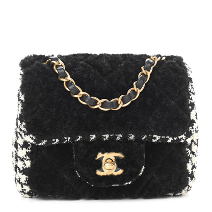 Chanel Shearling Tweed Quilted Mini Square Flap Bag Black White 1 of 9