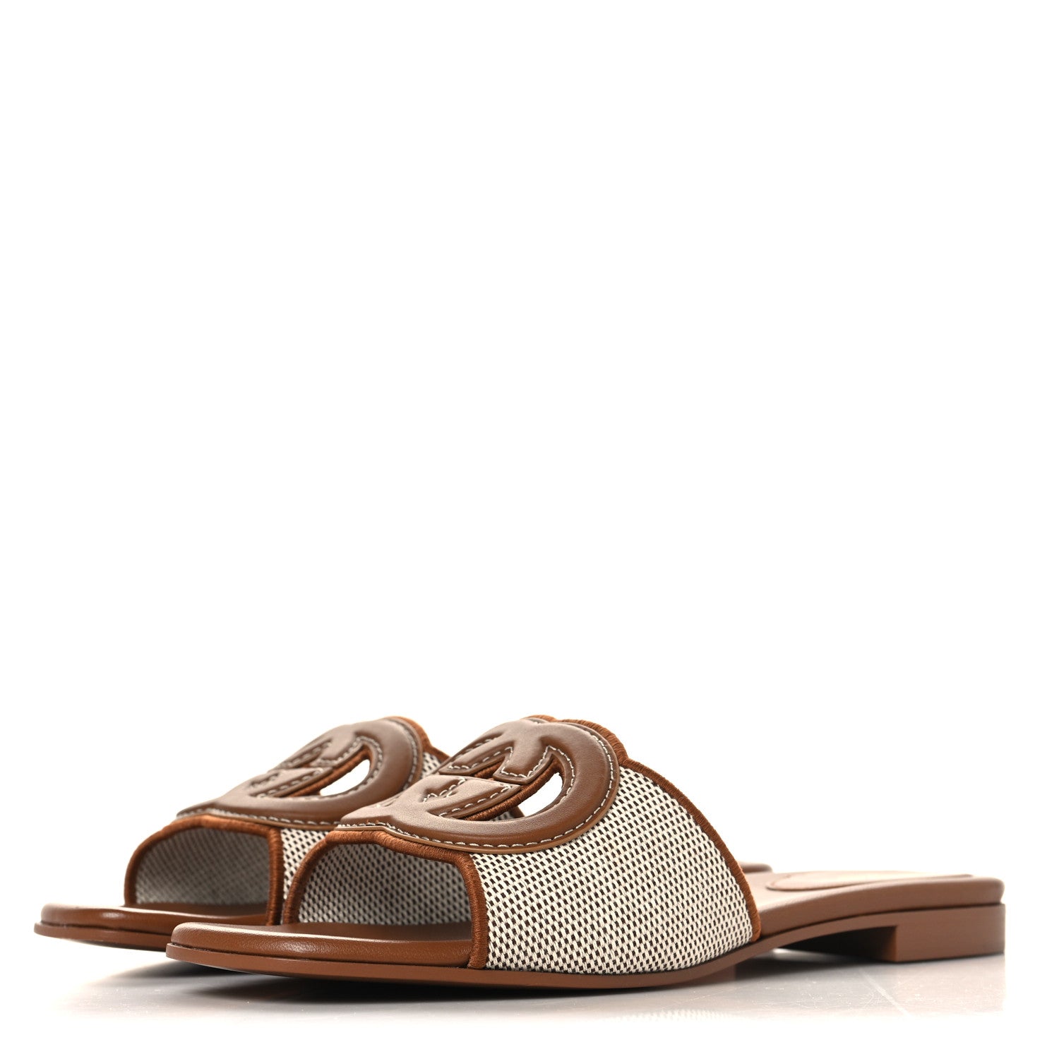 Gucci Canvas Rice Cosmos Softy Calfskin Interlocking G Cut Out Slide Sandals 38 Brown Natural Sundial 4 of 9