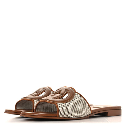 Gucci Canvas Rice Cosmos Softy Calfskin Interlocking G Cut Out Slide Sandals 38 Brown Natural Sundial 4 of 9