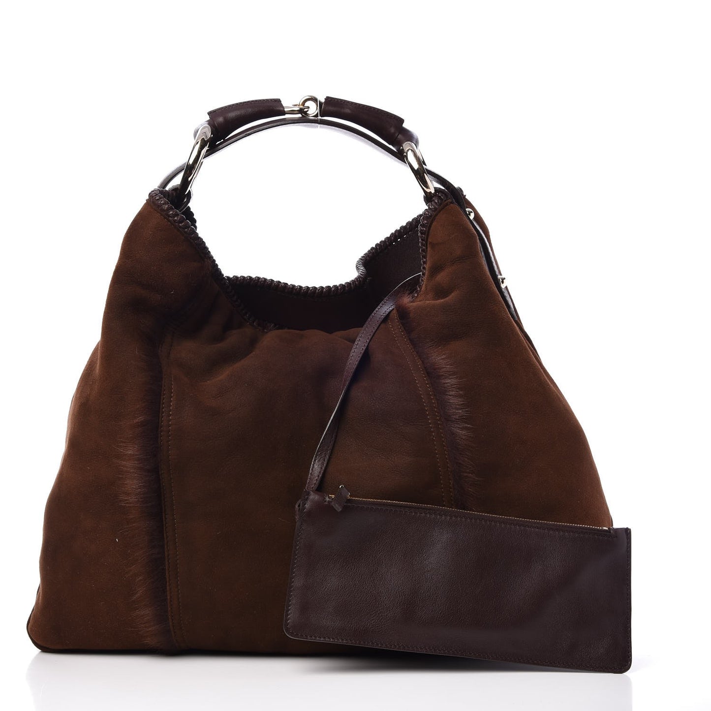Suede Fur Large Horsebit Chain Hobo Dark Brown