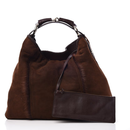 Gucci Suede Fur Large Horsebit Chain Hobo Dark Brown 3 of 8