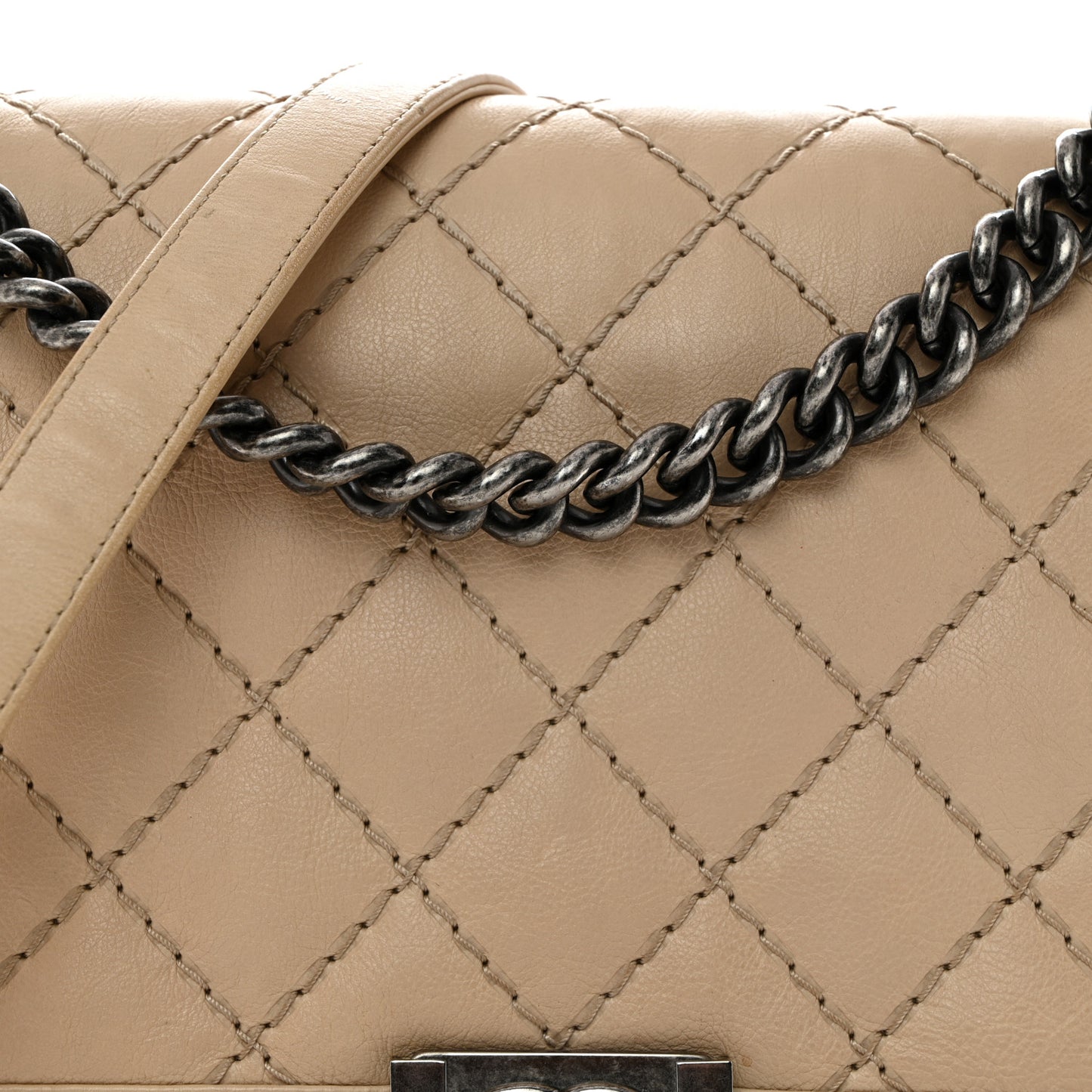Calfskin Quilted Double Stitch New Medium Boy Flap Beige