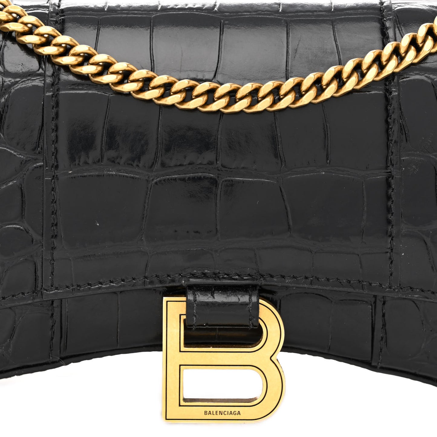 Shiny Calfskin Crocodile Embossed Hourglass Chain Bag Black