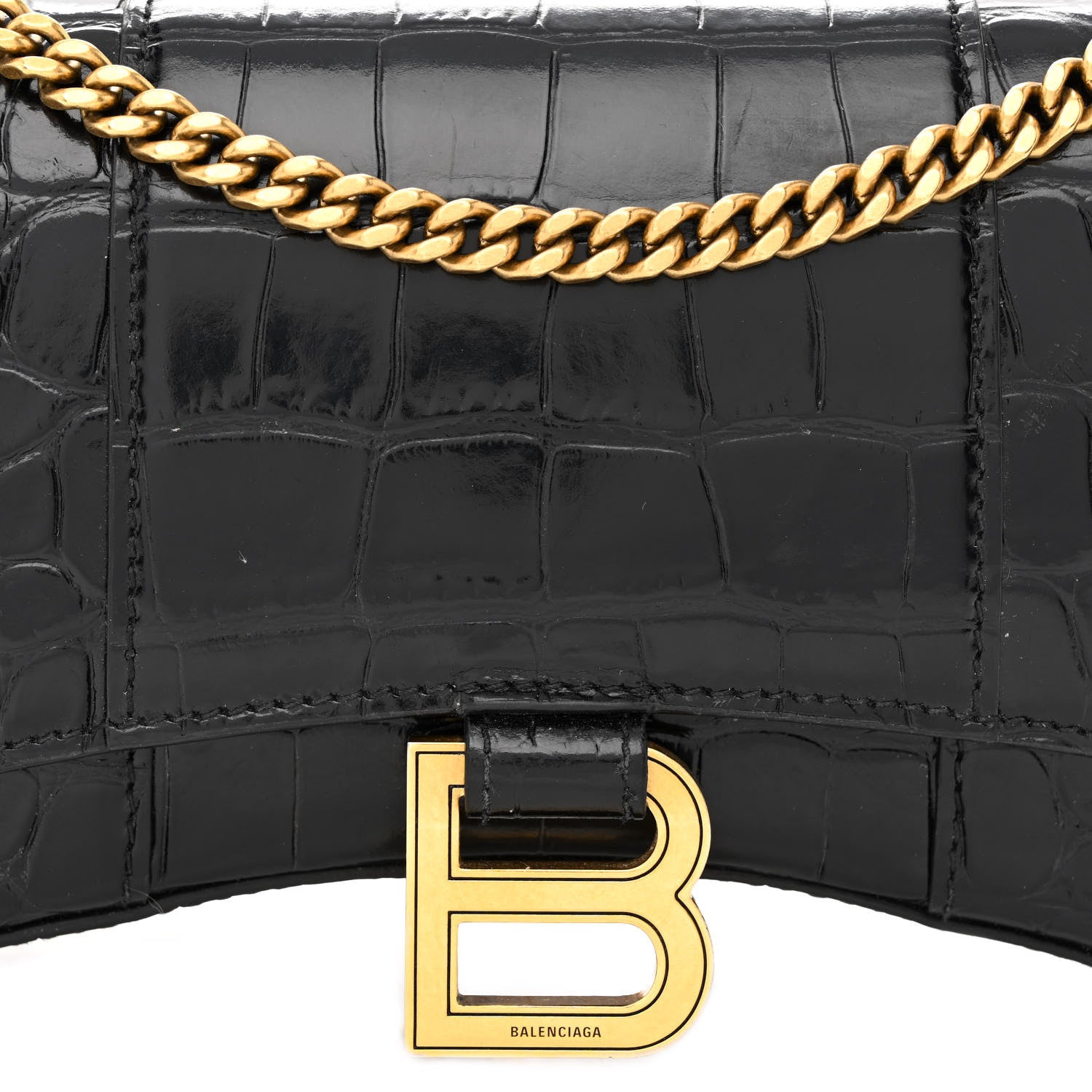 Balenciaga Shiny Calfskin Crocodile Embossed Hourglass Chain Bag Black 7 of 11