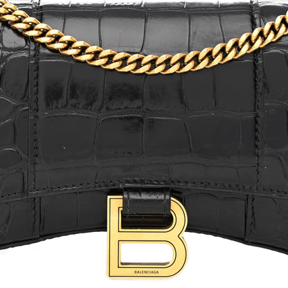 Balenciaga Shiny Calfskin Crocodile Embossed Hourglass Chain Bag Black 7 of 11