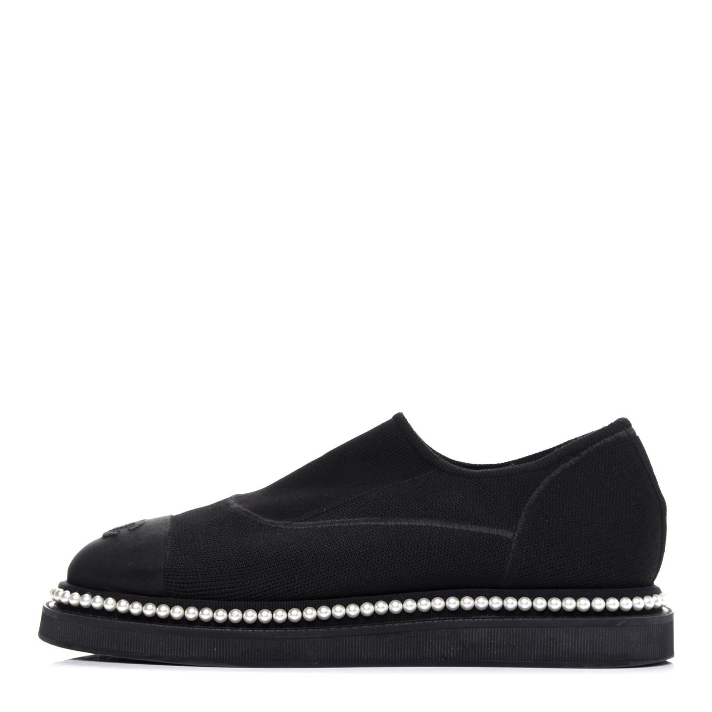 Stretch Fabric Grosgrain Pearl Cap Toe CC Moccasin Loafers 39 Black