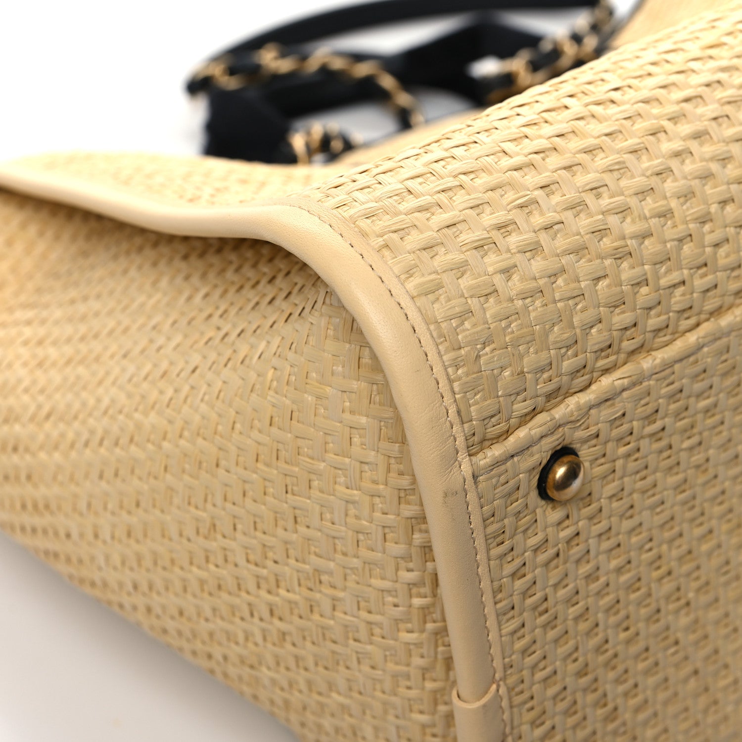 Chanel Straw Raffia Calfskin Chain Medium Deauville Tote Beige Black 9 of 12