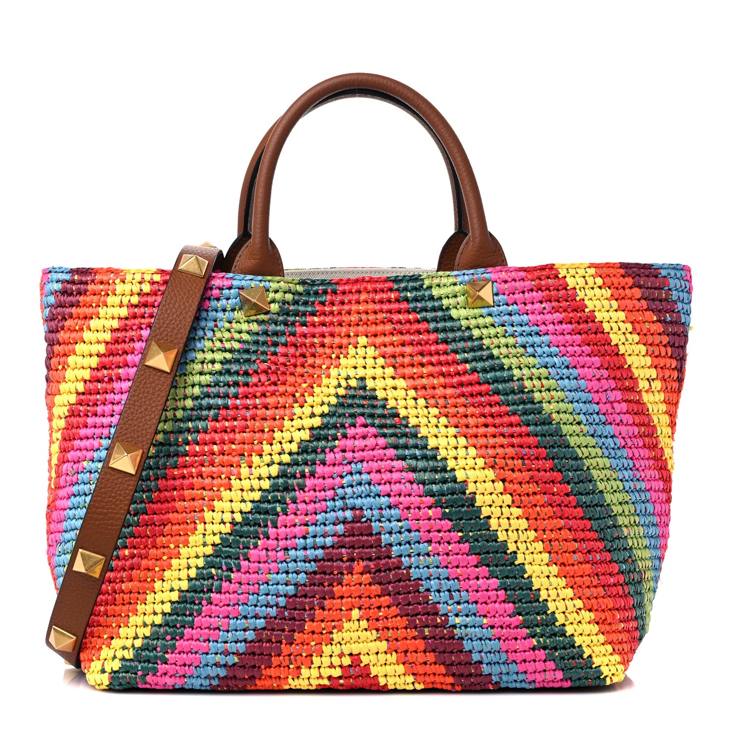 Raffia Calfskin Rockstud Summer Tote Multicolor