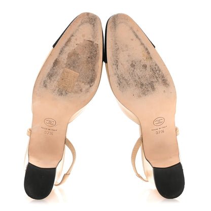 Chanel Goatskin Grosgrain Cap Toe CC Slingback Pumps 37.5 Beige Black 6 of 8