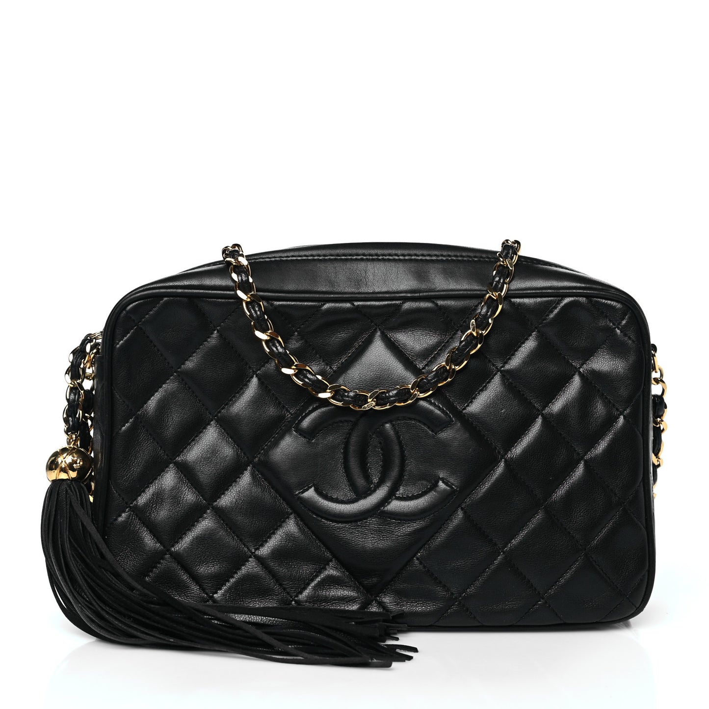 Lambskin Quilted Tassel Camera Case Black