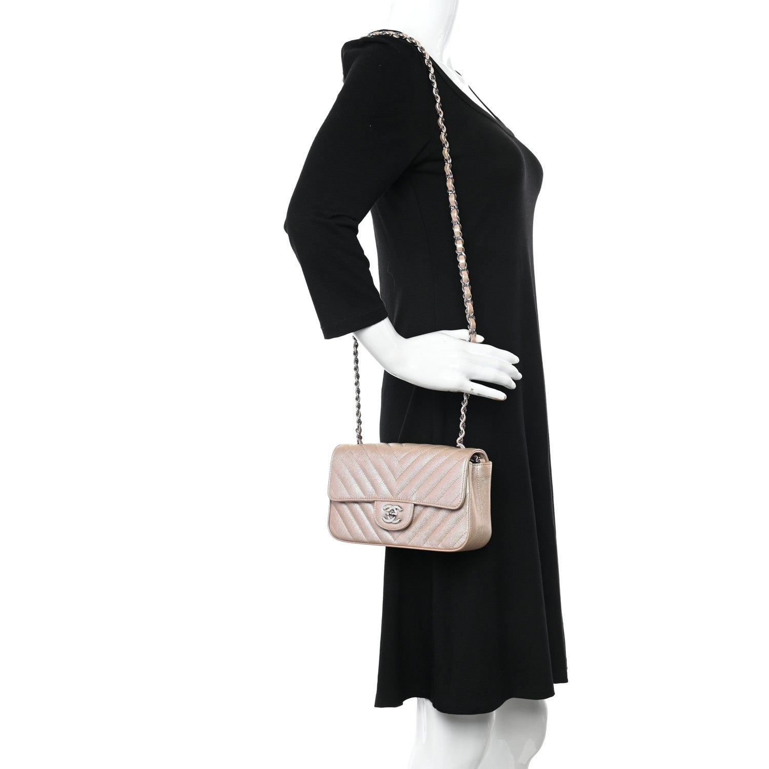 Chanel Iridescent Caviar Chevron Quilted Mini Rectangular Flap Light Gold 4 of 10
