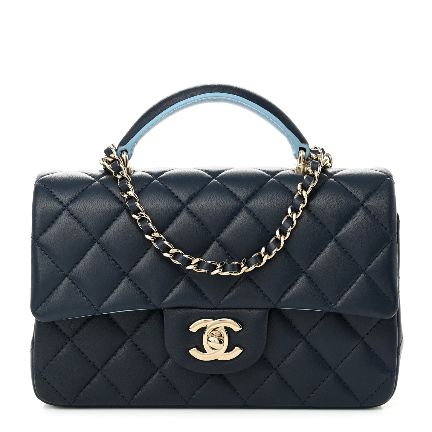 Lambskin Quilted Bi-Color Mini Top Handle Rectangular Flap Navy Blue Light Blue