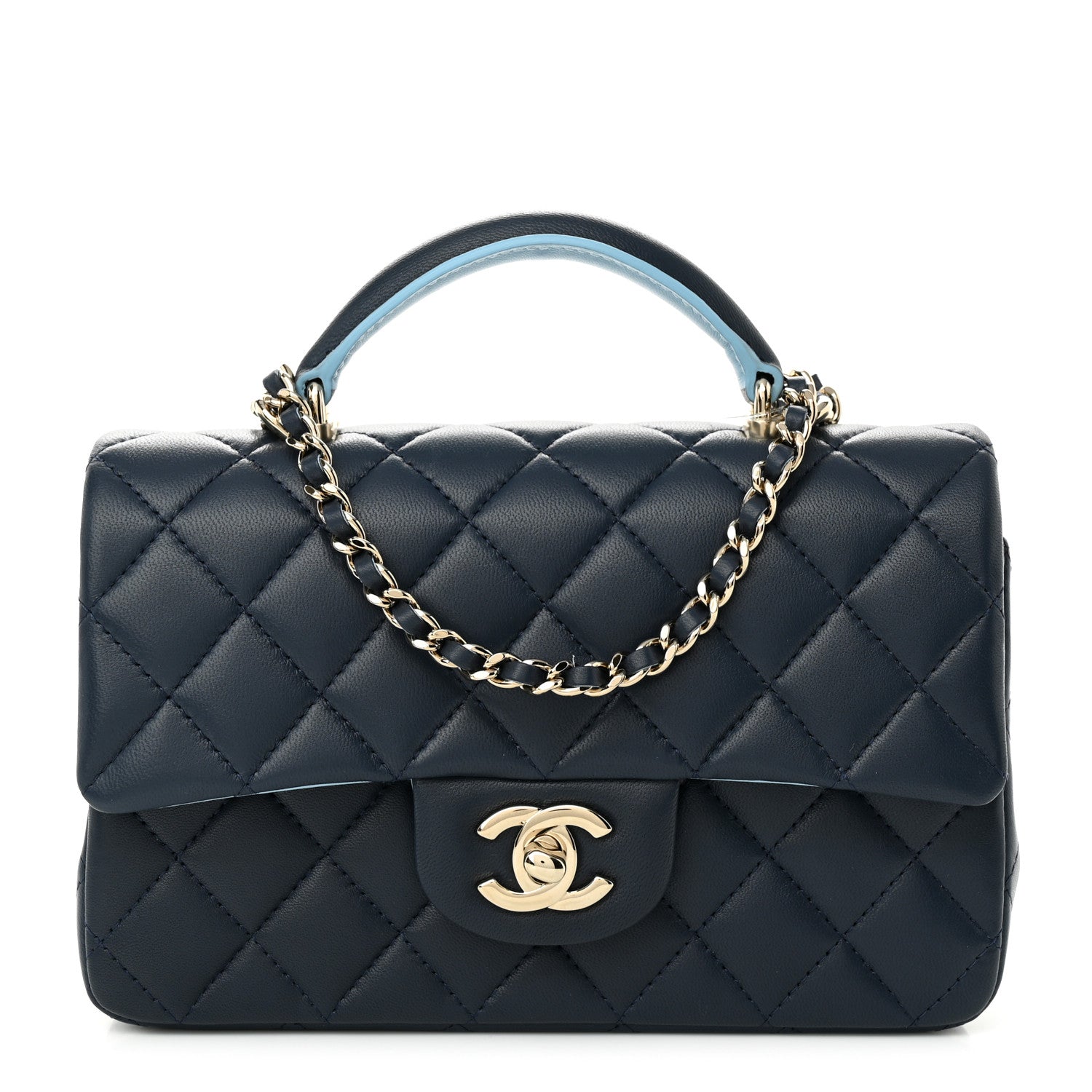 Chanel Lambskin Quilted Bi-Color Mini Top Handle Rectangular Flap Navy Blue Light Blue 1 of 11