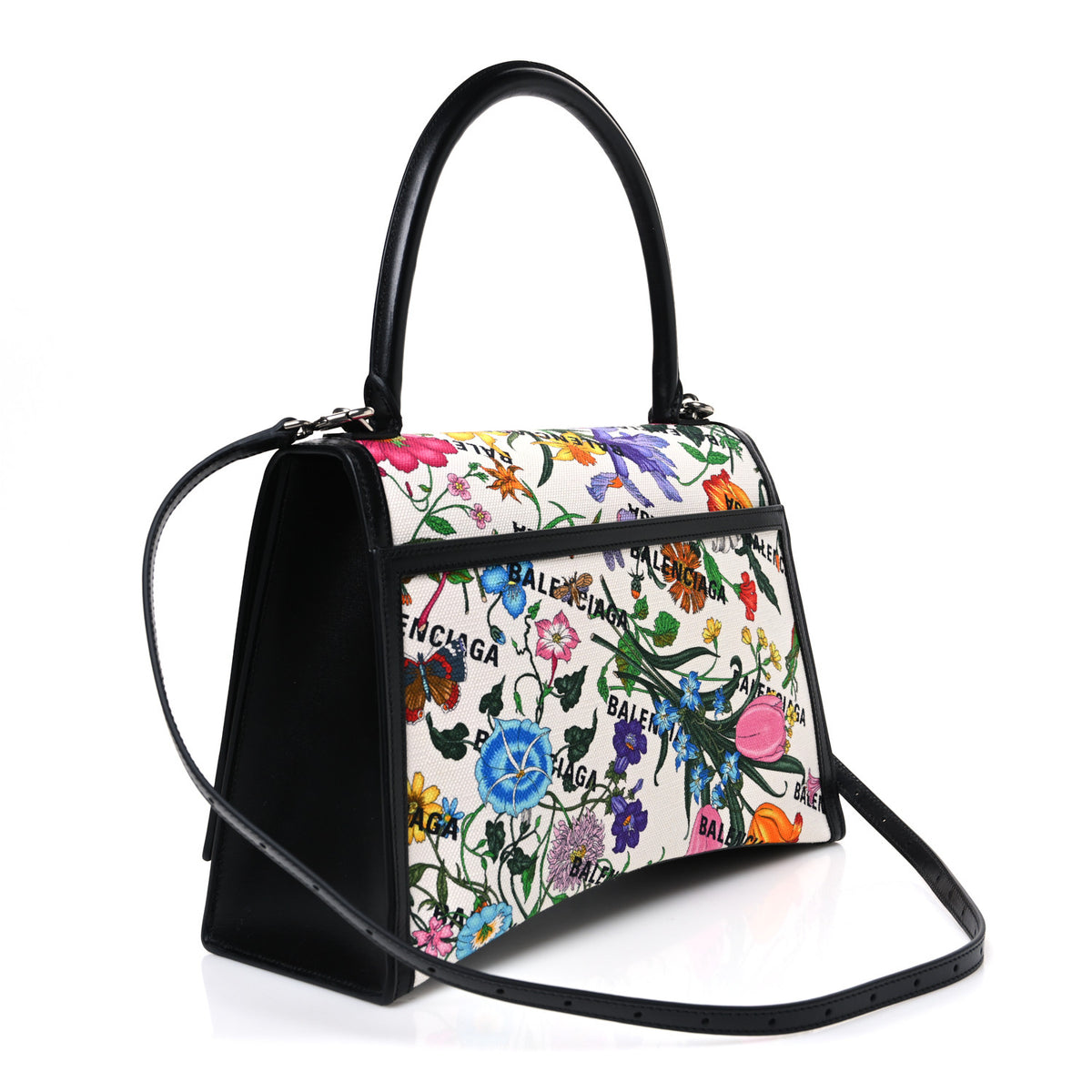 Balenciaga X GUCCI Canvas Boarded Plutone Calfskin Flora Logo Print Medium Hourglass Top Handle Bag White Multicolor Black 3 of 10