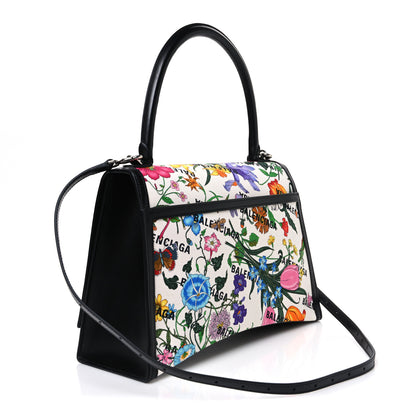 Balenciaga X GUCCI Canvas Boarded Plutone Calfskin Flora Logo Print Medium Hourglass Top Handle Bag White Multicolor Black 3 of 10