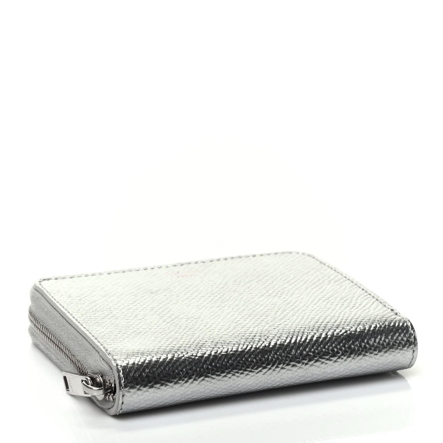 Laminated Grained Calfskin Compact Zipped Wallet Silver