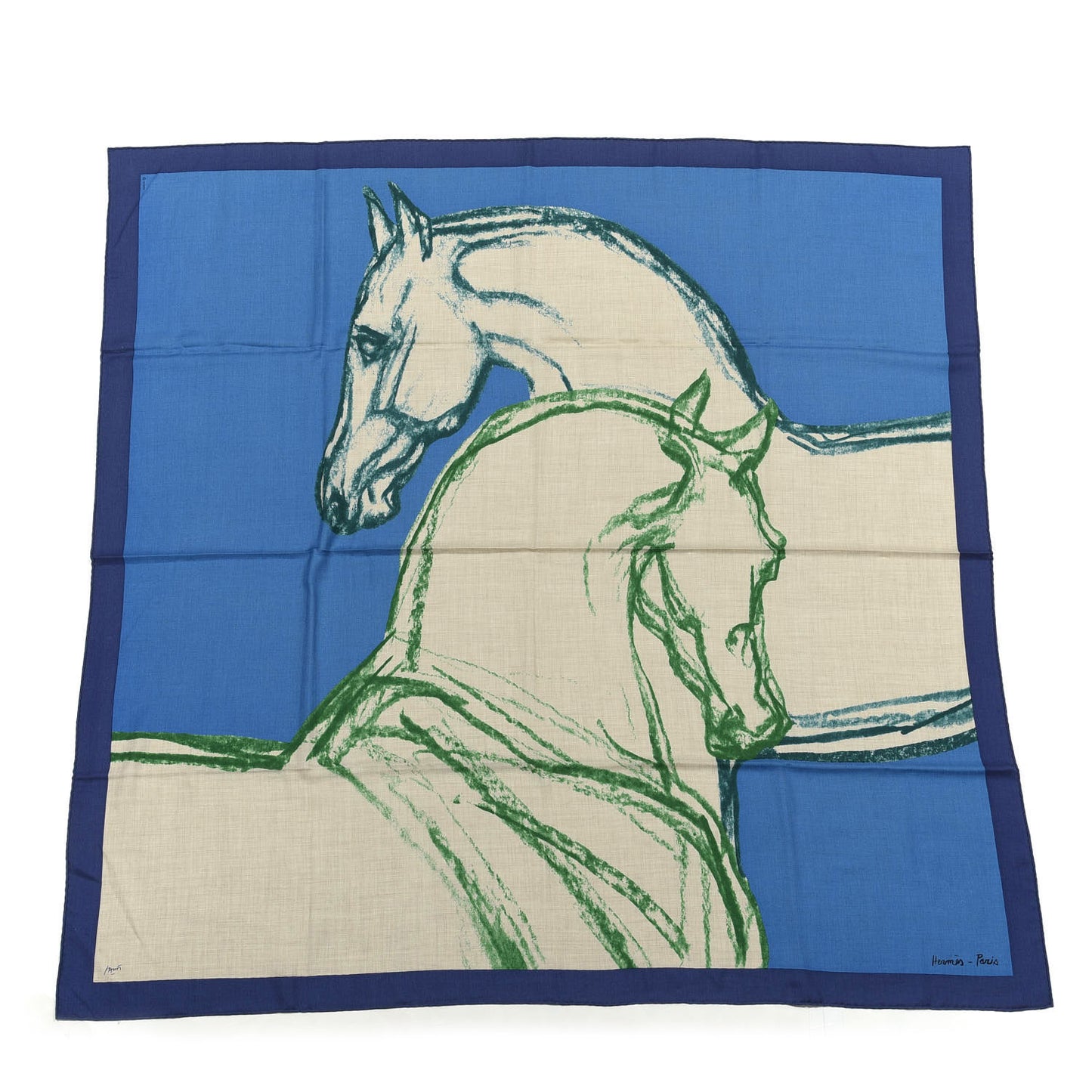 Cashmere Silk Chevaux Au Pre Shawl 140 Cobalt Naturel Vert